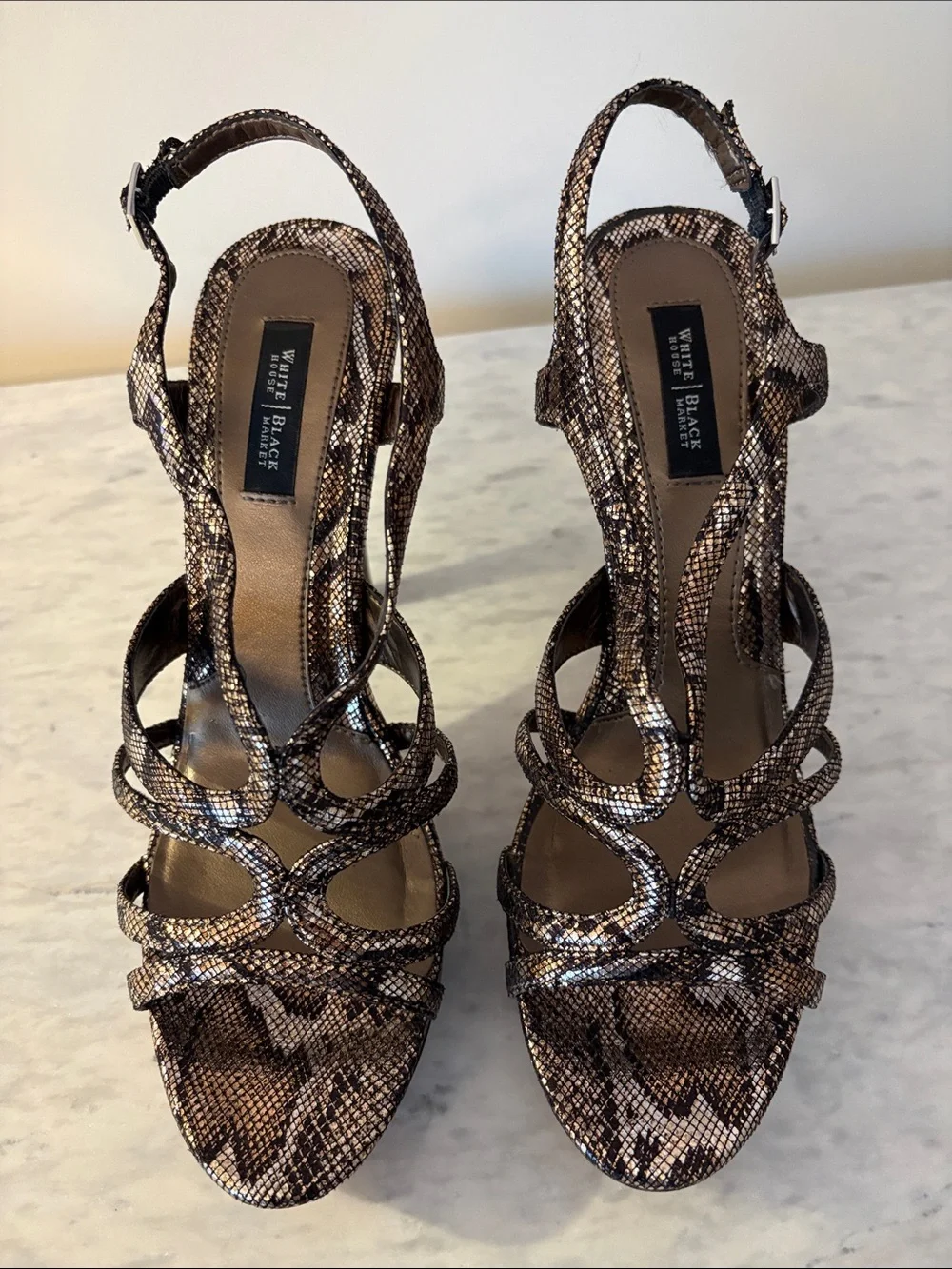 White House Black Market Brown Snake-Print Strappy High Heel Sandals